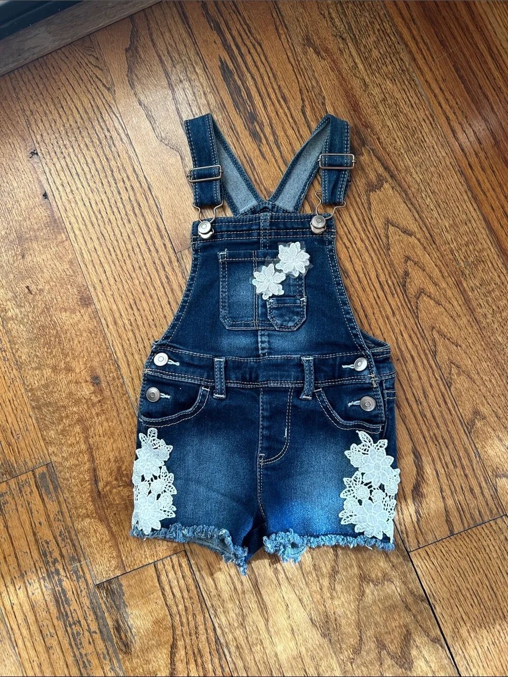 Toddler wonder nation Dark Blue Denim Short Overalls with White Floral appliqué